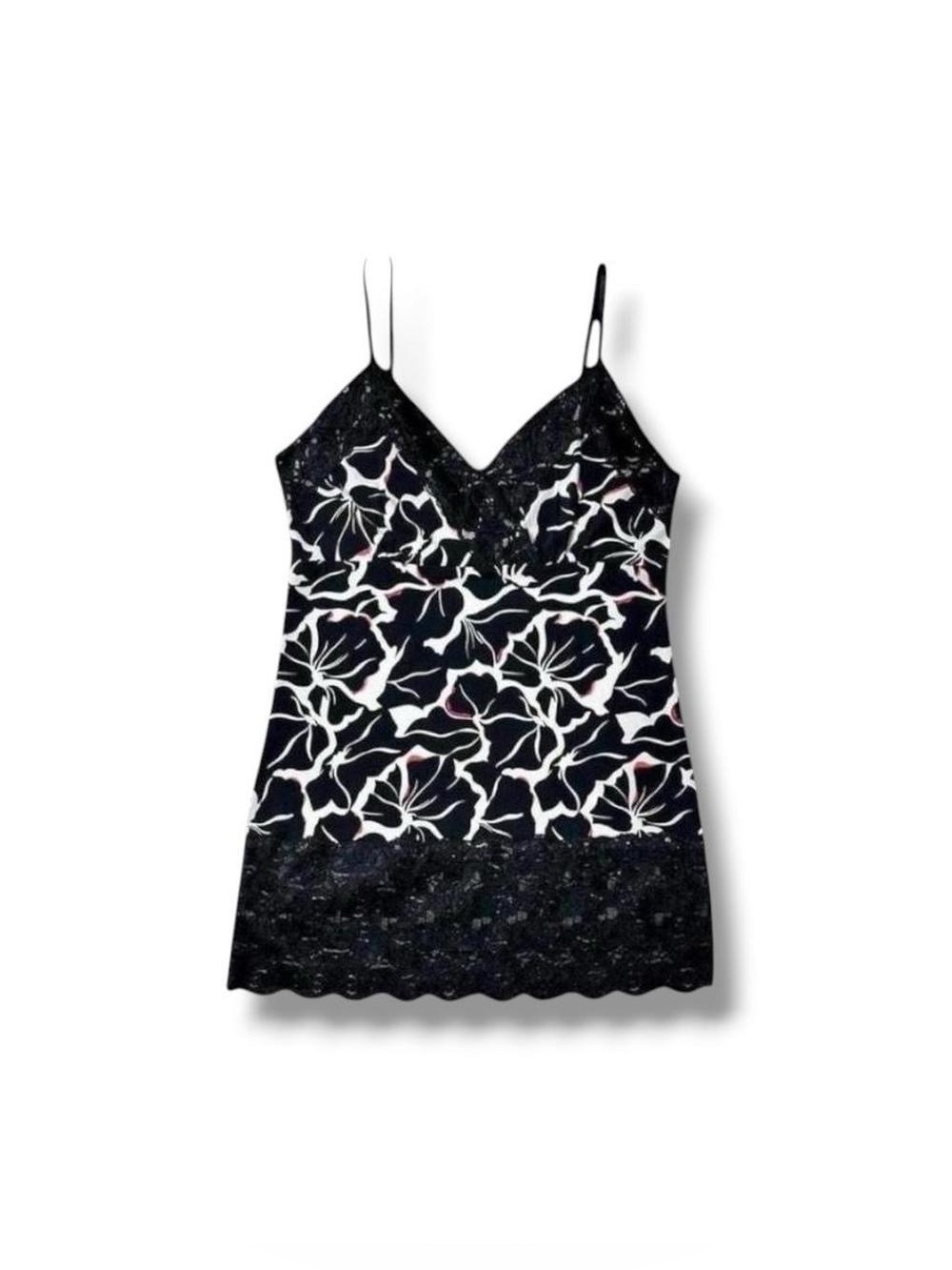 White House Black Market 2000s Empire Waist Black Lace Floral Long Cami Tank Top